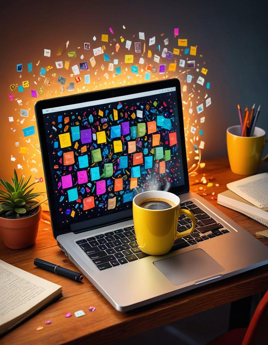An open laptop displaying a vibrant, colorful blog interface, surrounded by scattered notes and a steaming coffee mug, symbolizing creativity and ideas. A glowing key with intricate designs hovers above the laptop, representing unlocking secrets. In the background, a bookshelf filled with books on blogging and trends hints at knowledge and inspiration. super-realistic. vibrant colors. cozy atmosphere.