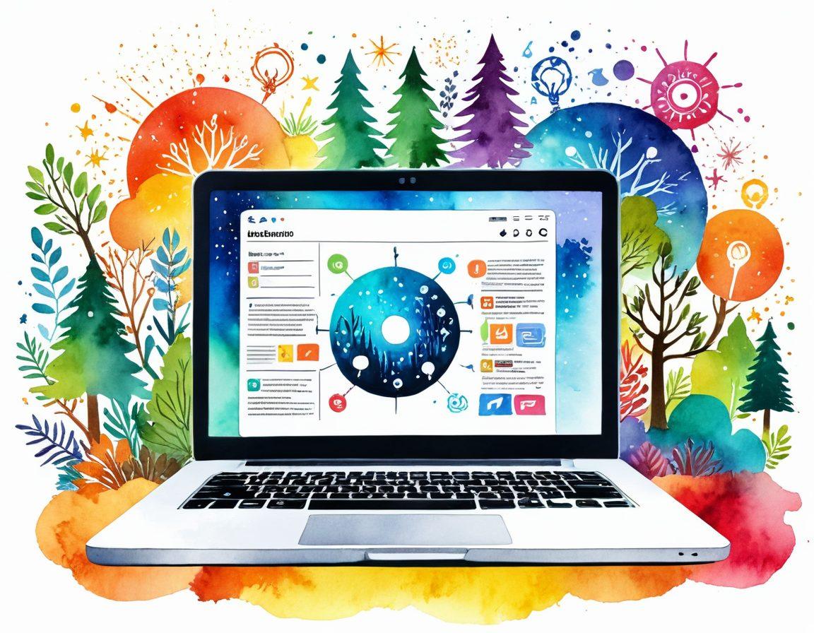 An open laptop displaying a colorful blog dashboard with various trending topics and social media icons floating around it, symbolizing online connectivity. In the background, a compass made of digital bytes guides a path through a forest of blog posts and idea lightbulbs. The scene is vibrant and dynamic, representing creativity and innovation in blogging. watercolor style. bright colors.