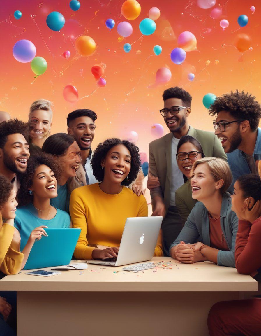 A diverse group of people gathered around a computer, engaging actively in a virtual community space, showing enthusiasm and collaboration. Visual elements like chat bubbles, social media icons, and a growing graph symbolizing audience growth should be incorporated. The background features warm, inviting colors to foster a sense of belonging. super-realistic. vibrant colors. soft focus.